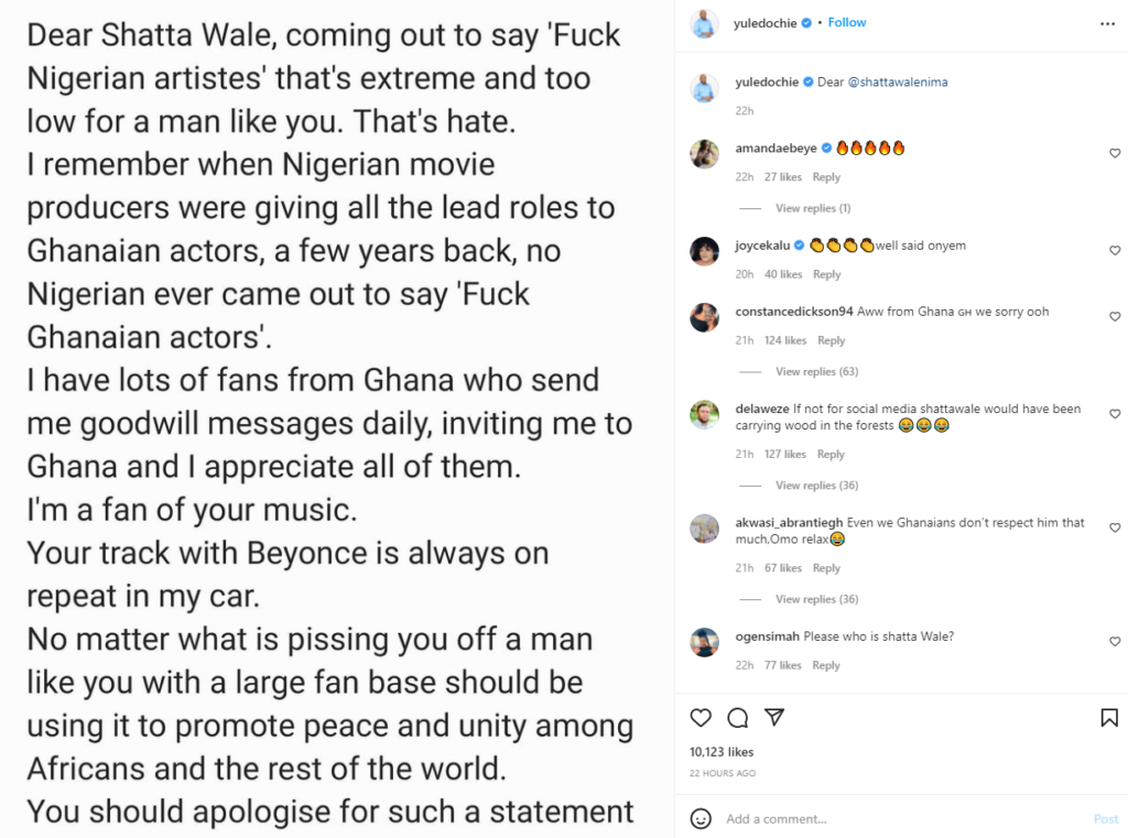 Yul Edochie asks Shatta Wale to apologise to Nigerians 