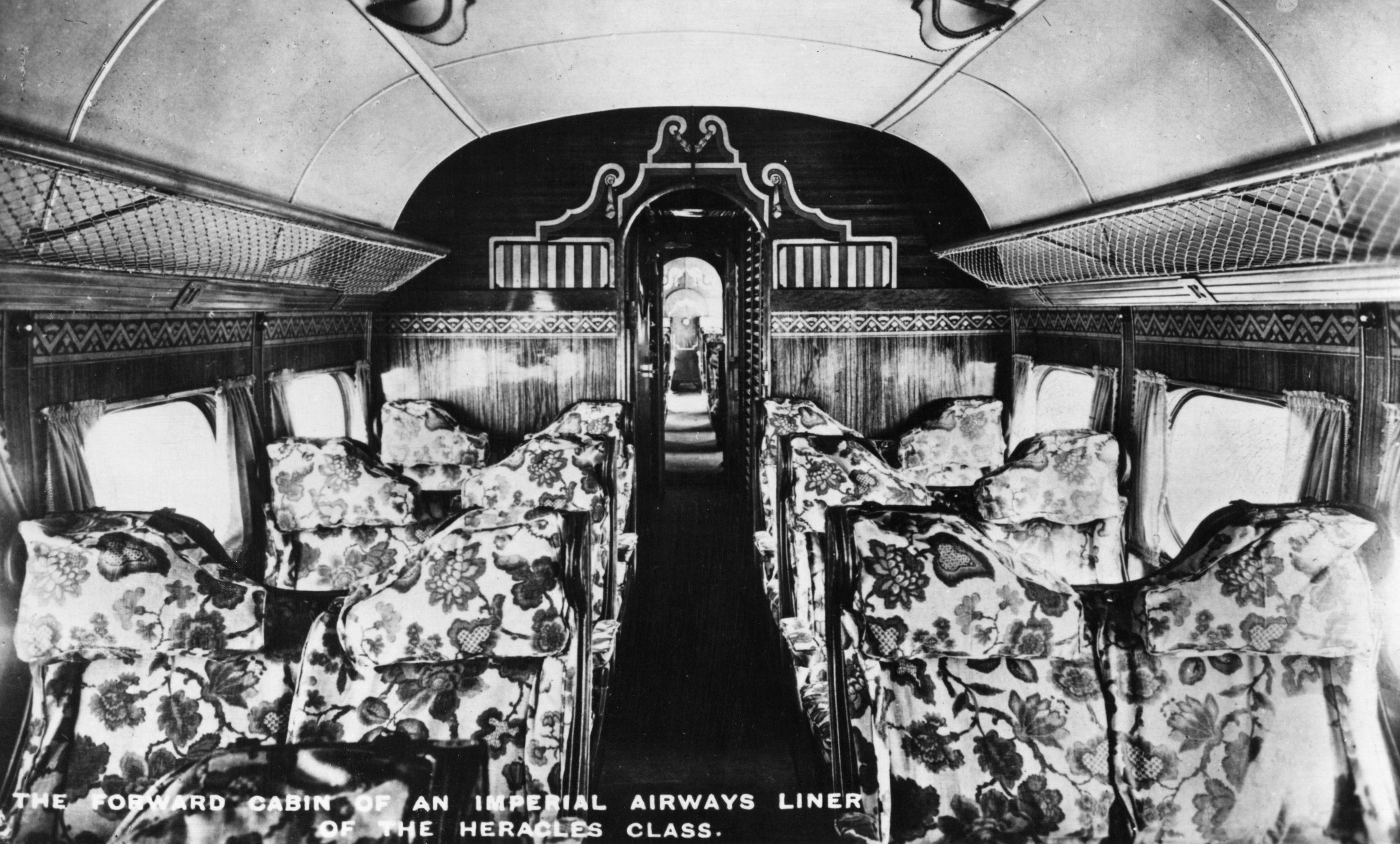 A view of the forward passenger cabin of an Imperial Airways Handley Page HP42E Heracles airliner, as normally used on the Paris to London route
