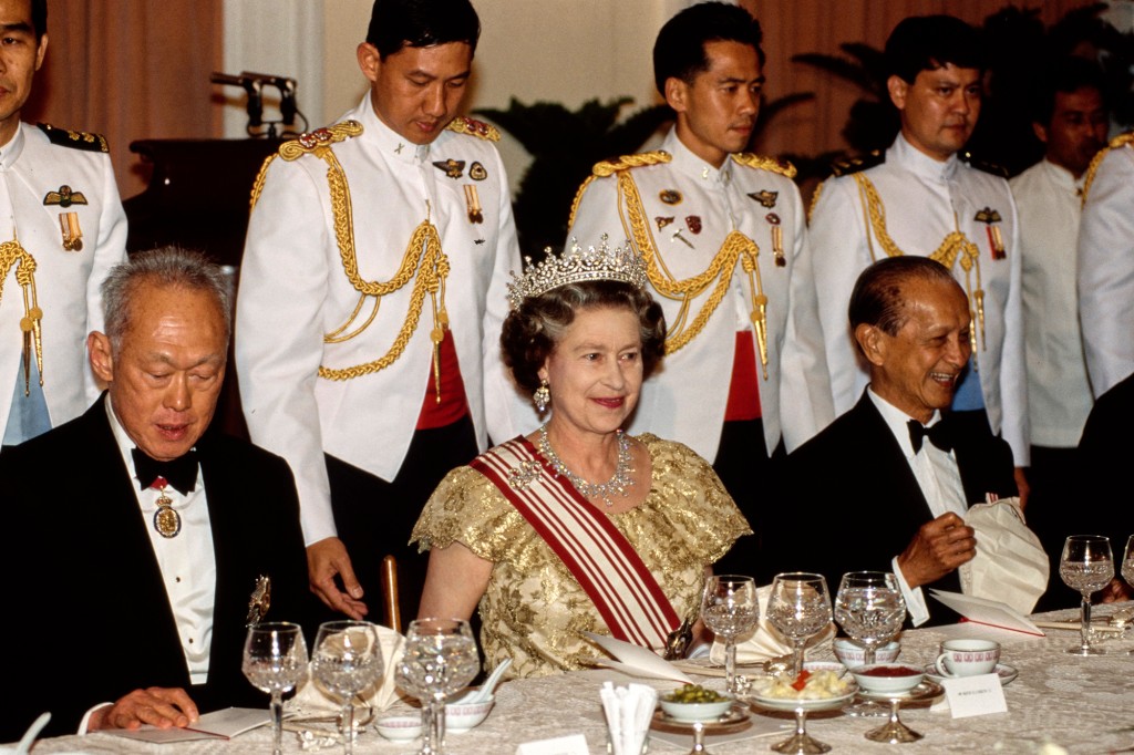 The Queen is seen at a state dinner in Singapore back in 1989. The 95-year-old monarch usually keeps her diet simple, eating fresh vegetables and grilled white meats.