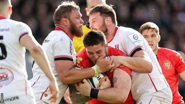 Duane Vermeulen and Iain Henderson tackle Toulouse prop Cyril Baille during Ulster's 26-20 first-leg win over Toulouse