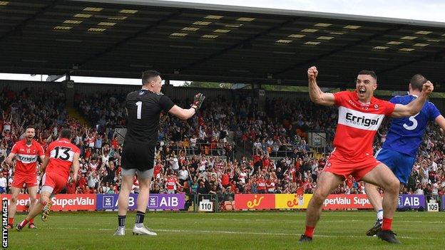 Joy for Niall Toner after Benny Heron scores his first goal against Monaghan in the semi-final
