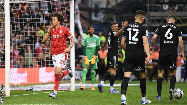 Brennan Johnson of Nottingham Forest celebrates after scoring against Sheffield United at the City Ground