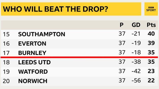 Snapshot of the bottom of the Premier League table: 15th Southampton, 16th Everton, 17th Burnley, 18th Leeds, 19th Watford & 20th Norwich