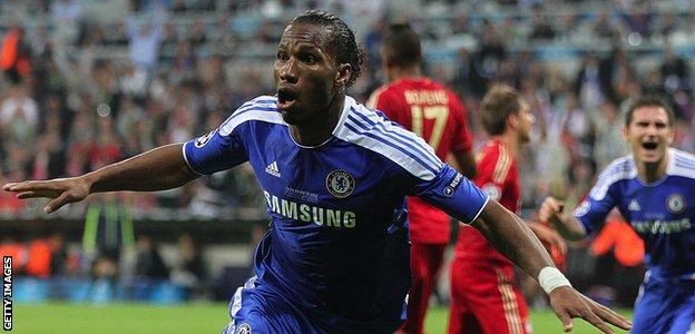 Didier Drogba celebrates scoring the equaliser for Chelsea in the 2012 Champions League final