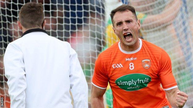 Stephen Sheridan celebrates after scoring Armagh's third goal against Donegal in their All-Ireland qualifier