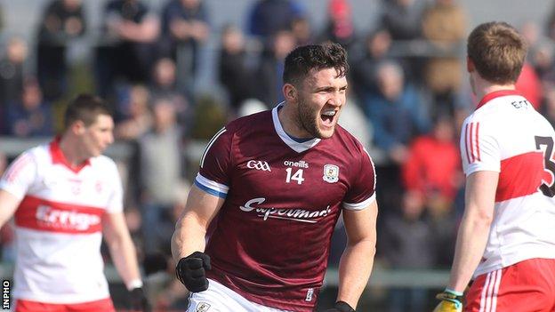 Damien Comer celebrates scoring a goal for Galway against Derry