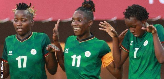 Zambia's forward Barbra Banda (C) celebrates her goal with teammates during the Tokyo 2020 Olympic Games women's group F first round football match between China and Zambia in July 24, 2021.