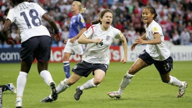 Karen Carney celebrates scoring England's winning goal against Finland at Euro 2005