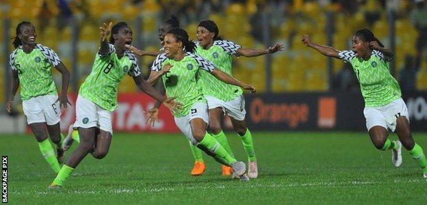 Nigeria celebrate after winning the 2018 WAFCON final shoot-out against South Africa