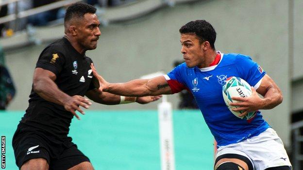 Damian Stevens (right) in action for Namibia against New Zealand at the 2019 Rugby World Cup