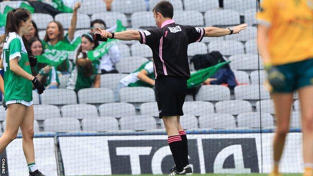 Referee Kevin Corcoran awards the controversial penalty to Fermanagh in Sunday's decider