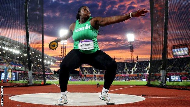 Chioma Onyekwere competing in the discus throw at the Commonwealth Games