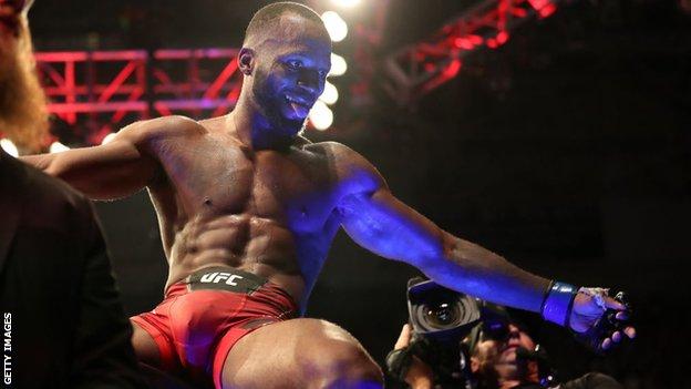 Leon Edwards sticks his tongue out in celebration