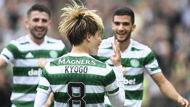 Kyogo celebrates his hat-trick - his second for Celtic