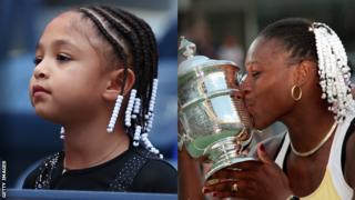 A split picture of Olympia with white beads in her hair in 2022 and Serena Williams with the same in 1999