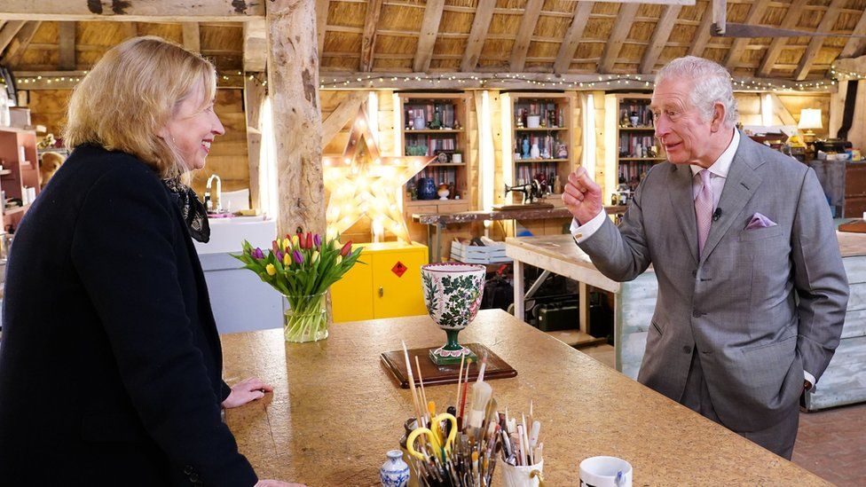 King Charles with ceramics expert Kirsten Ramsay in The Repair Shop's barn