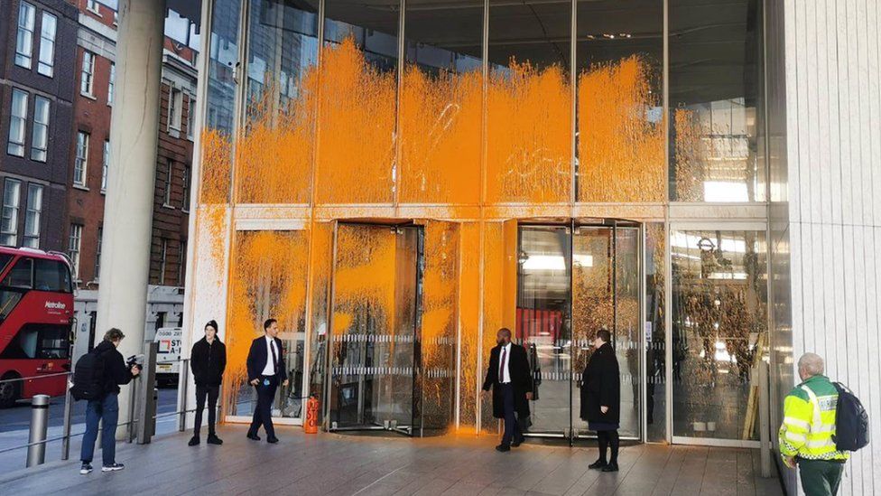 Orange paint sprayed on the News Corp headquarters