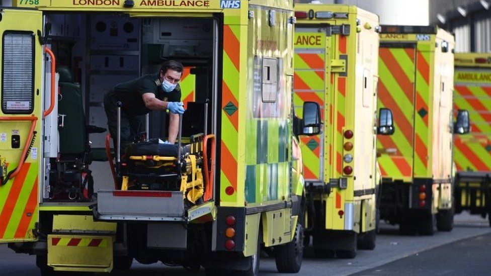 Row of ambulances outside the Royal London Hospital, January 2021