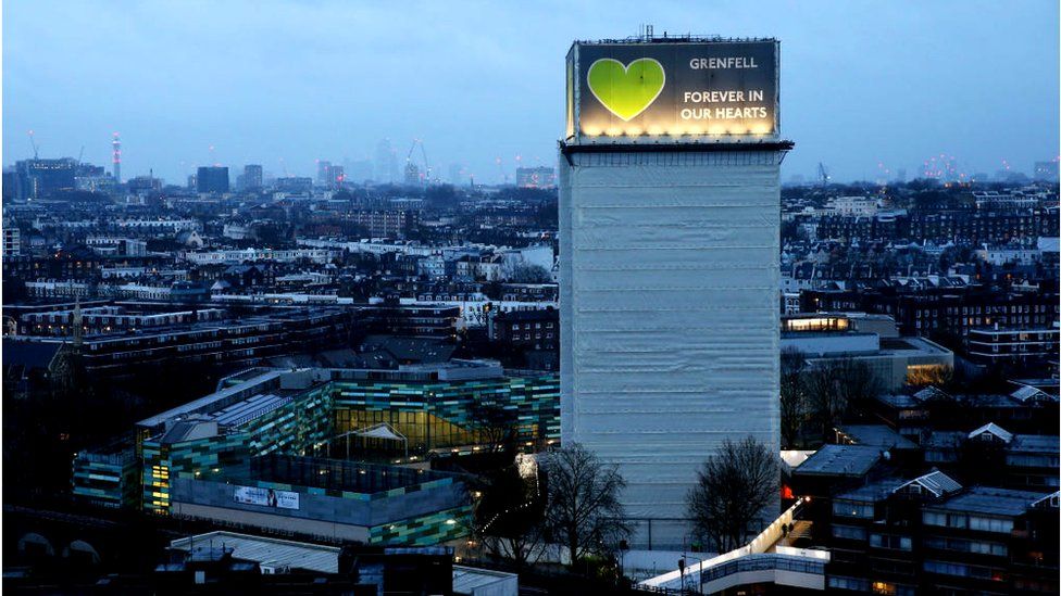 Grenfell Tower showed covered with tarpaulin after the fire. A banner at the top of the building reads: "Grenfell: Forever in our hearts"