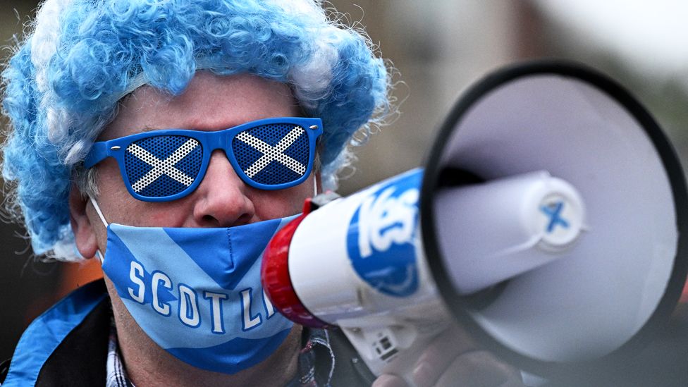 Scottish pro-independence supporter with a megaphone