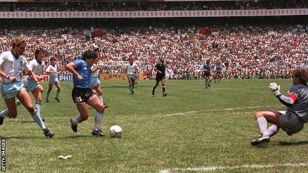 Diego Maradona scores his second goal against England in the 1986 World Cup quarter-final