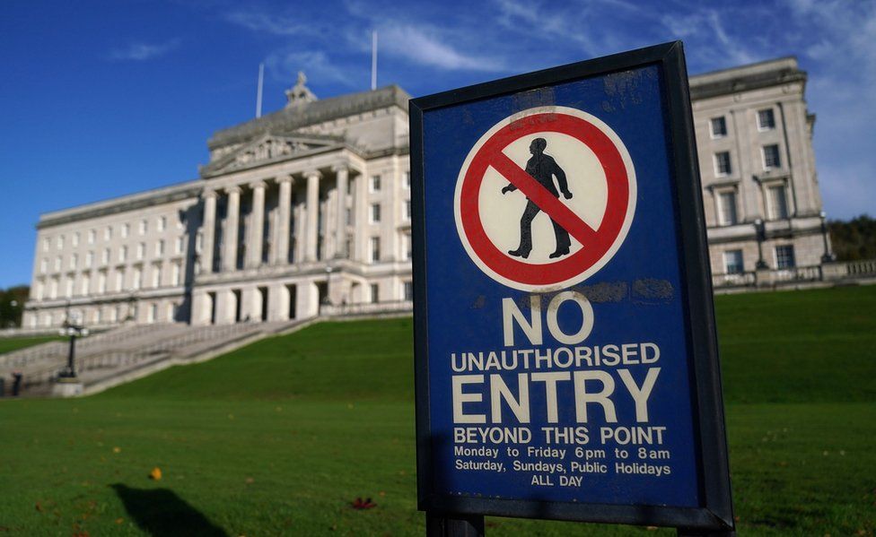 A sign outside Parliament Buildings at Stormont that reads: No unauthorised entry beyond this point