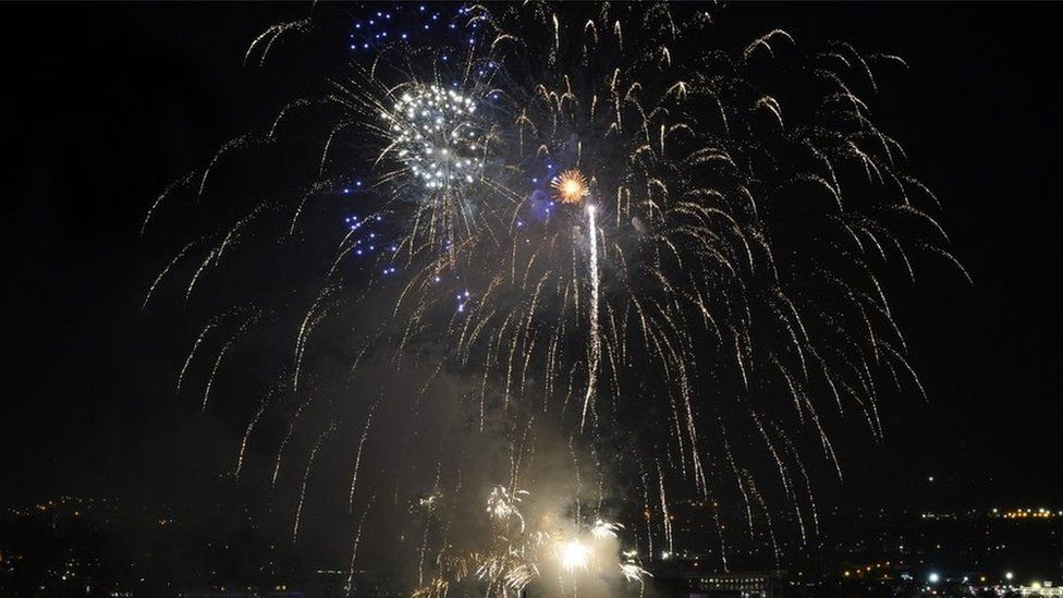 A fireworks display in the sky above Londonderry during the city's Halloween festival