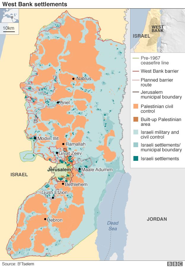 Map showing West Bank and Jewish settlements