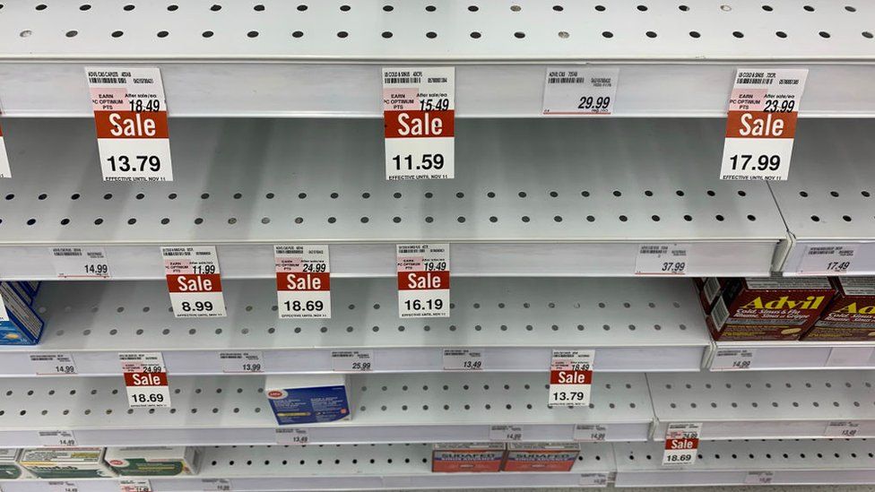 Cold and flu medicines and Tylenol shortages in Toronto Shoppers Drug Mart.