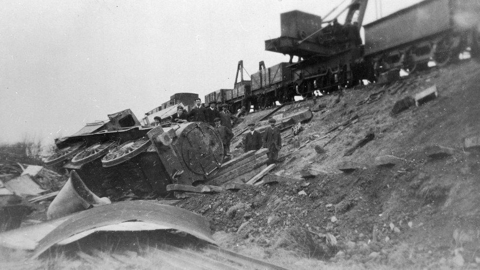 A bombed train at Ardfert in January 1923
