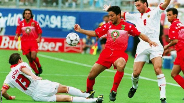 Action from the match between Morocco and Belgium at the 1994 World Cup in the United States, which the Europeans won 1-0