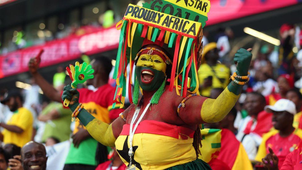 A Ghana fan celebrates during the World Cup.