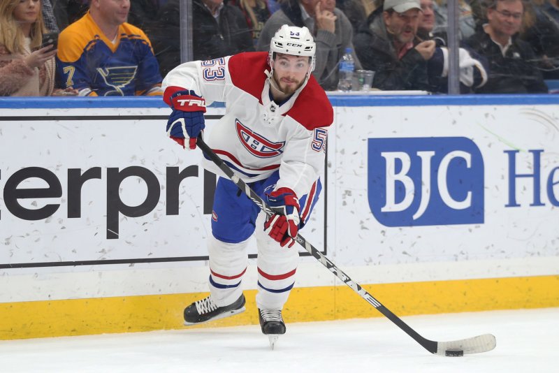 The grandfather of NHL defenseman Victor Mete was killed Sunday in a mass shooting at a condo tower near Toronto. Mete, a current defenseman for the Toronto Maple Leafs, is pictured here passing the puck as a member of the Montreal Canadiens during play on January 10, 2019. File photo by Bill Greenblatt/UPI | <a href="/News_Photos/lp/51fa28e4b5f225ce252b7fb8e3cae215/" target="_blank">License Photo</a>