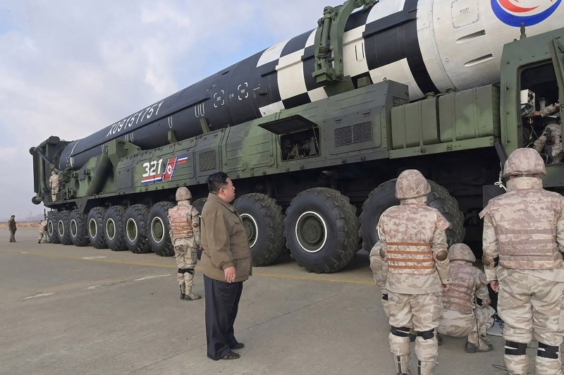 North Korean leader Kim Jong Un inspects an intercontinental ballistic missile in Pyongyang in November. On Wednesday, Kim unveiled new military goals for his nation that analysts say suggest the nation will continue to test its ballistic missile capabilities. File Photo by Office of the North Korean Government Press Service/UPI | <a href="/News_Photos/lp/b785b6565943622373359adc6c091f84/" target="_blank">License Photo</a>