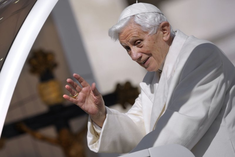 Pope Benedict XVI speaks during his final general audience before his retirement in St. Peter Square at the Vatican on Feb. 27, 2013. Benedict died Saturday. File Photo by Stefano Spanziani/UPI | <a href="/News_Photos/lp/1751c09118e7cf0fdaa320764ef6a8ba/" target="_blank">License Photo</a>