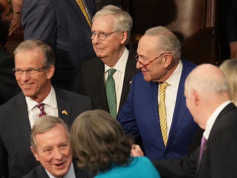 Senate majority leader Chuck Schumer, D-N.Y., voiced optimism early Thursday that lawmakers would be able to pass an omnibus spending bill before the Friday deadline. Photo by Pat Benic/UPI | <a href="/News_Photos/lp/f241a999f8e27cda31e5ed9b935b4db3/" target="_blank">License Photo</a>