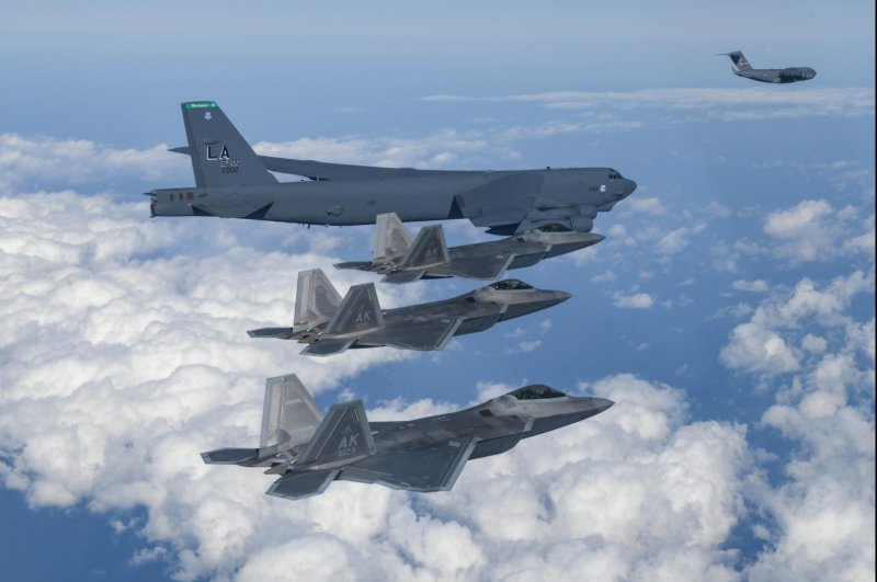 B-52H, F-22, and C-17 aircraft fly together Tuesday for a joint air exercise between the United States and South Korea. Photo courtesy of Republic of Korea Ministry of Defense
