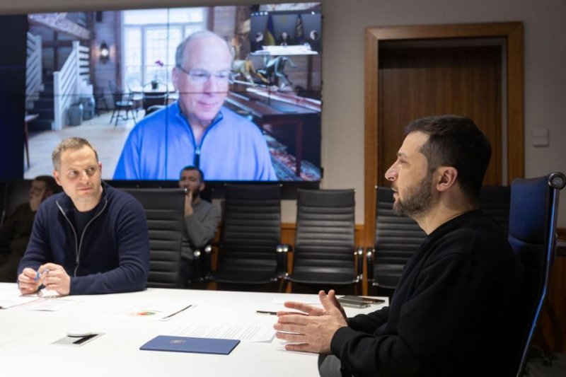 Ukrainian President Volodymyr Zelensky and BlackRock chief executive officer Larry Fink have agreed to coordinate investment efforts to rebuild Ukraine following Russia’s invasion, according to Zelensky's office, which said Fink and Zelensky met earlier this week during a video conference. Photo courtesy of the office of President of Ukraine