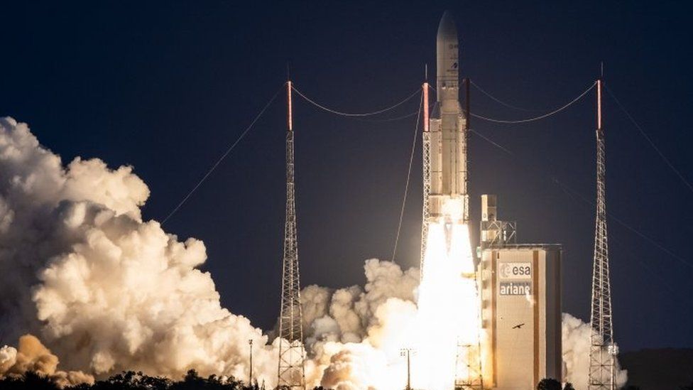 Ariane 5 lifts off from its launchpad in Kourou, at the European Space Center in French Guiana. Photo: 20 June 2019