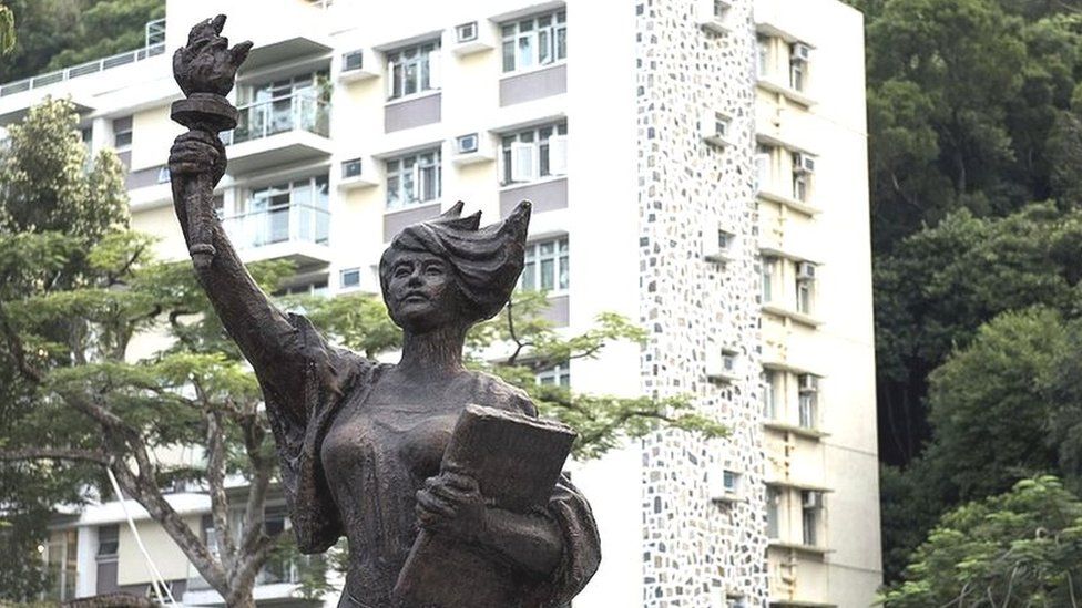 A replica of the "Goddess of Democracy" statue is seen on the campus of the Chinese University of Hong Kong