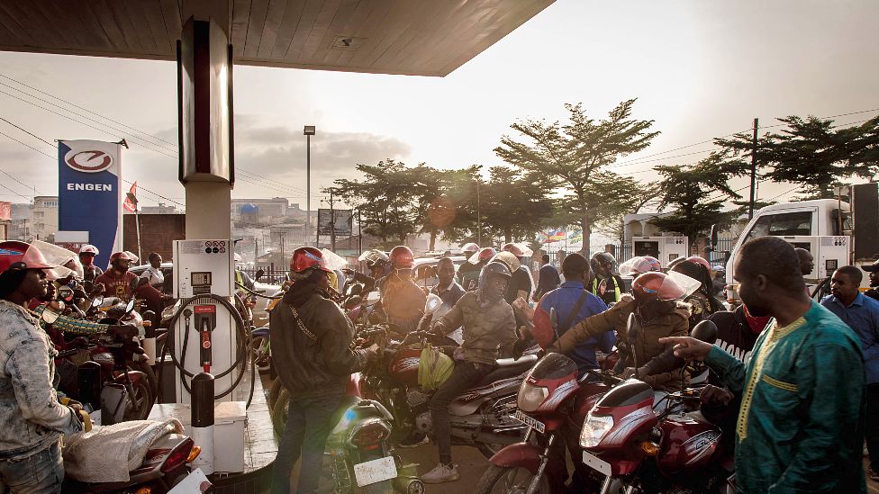 Motorbike riders at a petrol station in Bukavu, DR Congo - Wednesday 16 March 2022