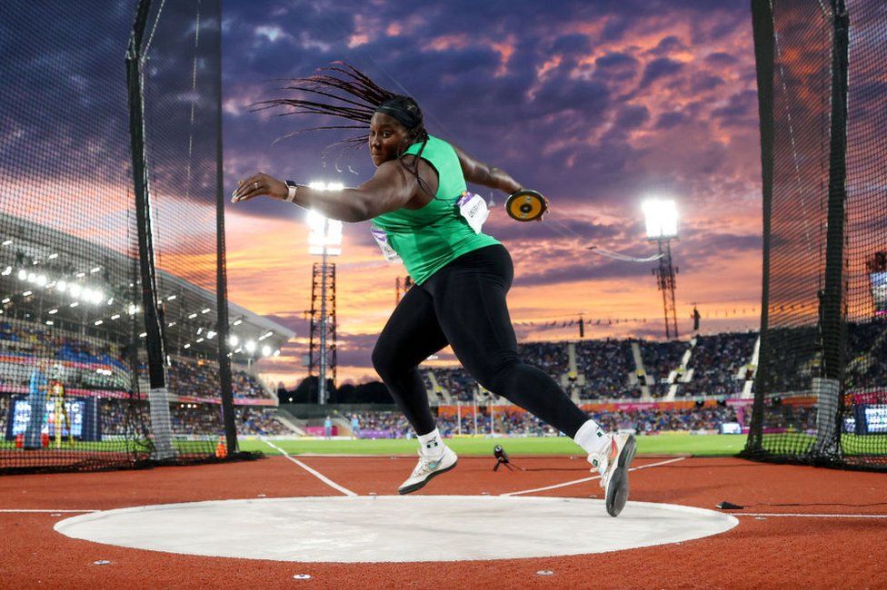 AUGUST 02: Chioma Onyekwere of Team Nigeria competes during the Women's Discus Throw Final on day five of the Birmingham 2022 Commonwealth Games