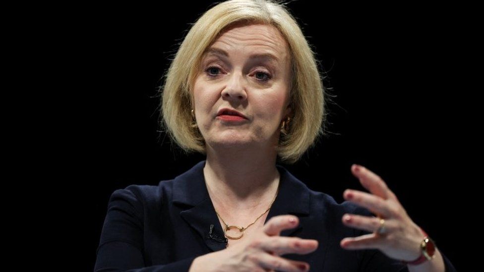Conservative leadership candidate Liz Truss takes part in a Q&A session during a hustings event