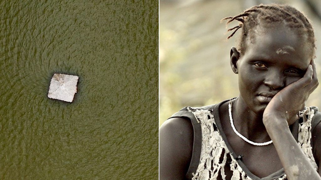 Composite - Images of floods and a woman in South Sudan