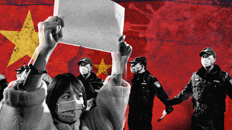 A composite image shows a woman holding a white piece of paper, a police line, set against the Chinese flag background