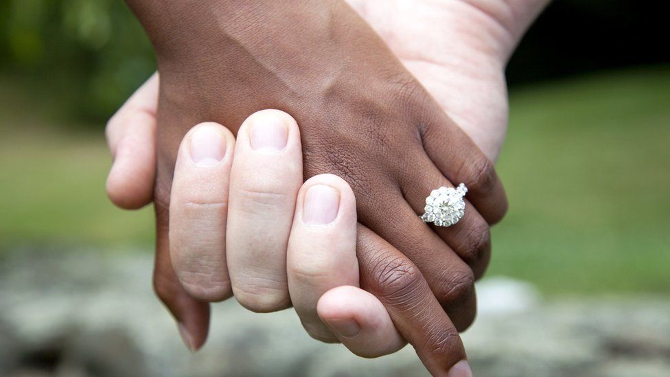 A black and white hand with a wedding ring