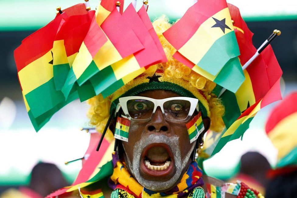 A Ghana fan attends the Qatar 2022 World Cup Group H football match between South Korea and Ghana at the Education City Stadium in Al-Rayyan, west of Doha, on November 28, 2022.
