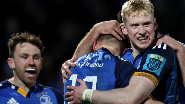 Leinster celebrate a Garry Ringrose try in the comeback victory over Ulster