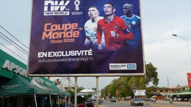 An advertising hoarding for New World TV's World Cup coverage in the Togolese capital Lome