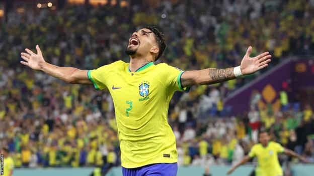 Lucas Paqueta celebrates scoring for Brazil